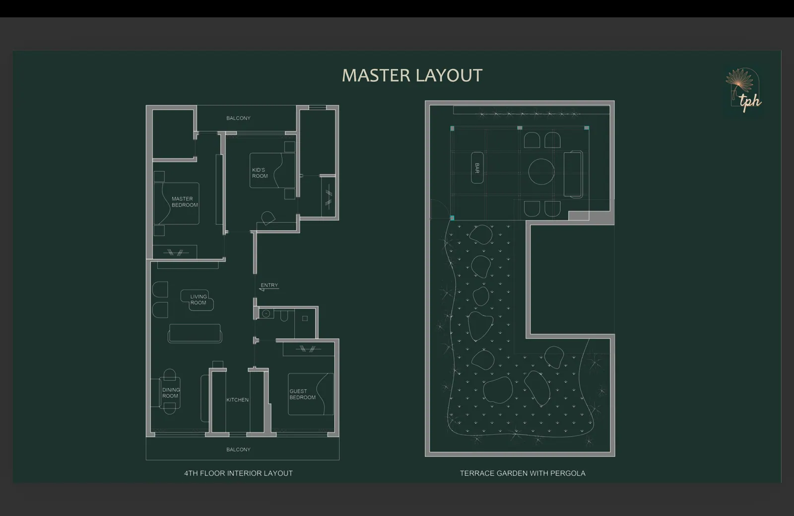 Master layout: 4th floor interior and terrace garden with pergola