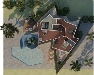 Aerial view with pool and courtyard